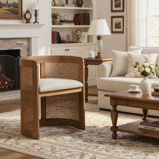 Sunvega Curved Rattan Upholstered Dining Chair with Stain Resistant Fabric and Rubberwood Frame