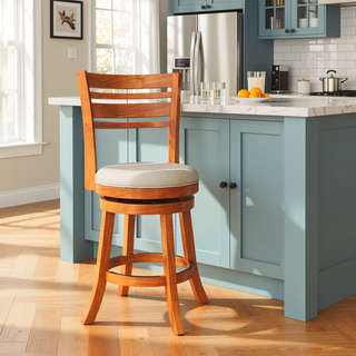 Sunvega Cherry Finish Beige Fabric Slat Back Swivel Stool for Counter Height