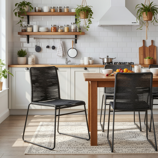 Sunvega Charcoal Woven Rope Stackable Side Chair with Sleek Metal Frame and Sled Base