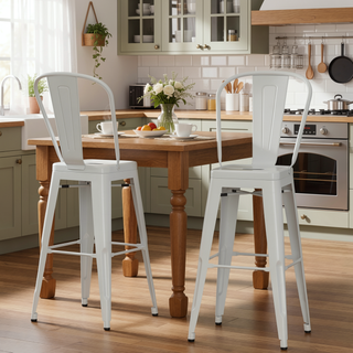 Sunvega White Metal Counter Height Stools with Curved Back and Footrest Set of 2