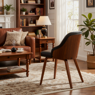 Sunvega Mid-Century Modern Dining Accent Chair with Walnut Wood Back and Faux Leather