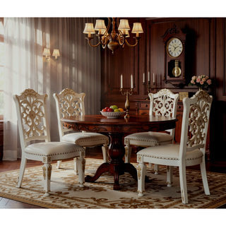 Sunvega Antique Pearl Finish PU Leather Side Chair with Floral Molding Wood Backrest