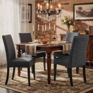 Sunvega Gray Linen and Cotton Fabric Dining Chairs with Nailhead Trim, Set of 2