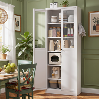 Sunvega Modern Kitchen Pantry Cabinet with Glass Doors and Adjustable Shelves for Living Room