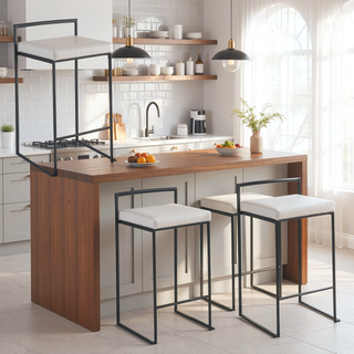 Sunvega Contemporary Black Metal Stackable Counter Stool with White Faux Leather Cushion