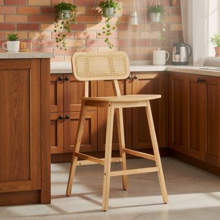 Sunvega Natural Wood Barstool Set with Rattan Backrest and Curved Seat