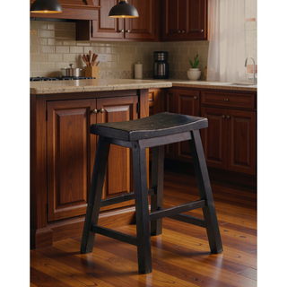 Sunvega Black Finish Bar Height Solid Wood Saddle Seat Stools Set of 2