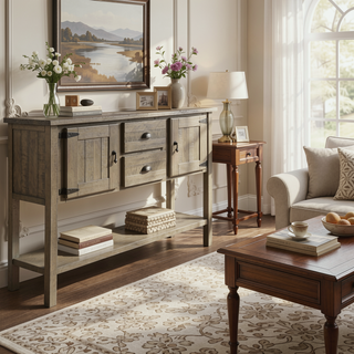 Sunvega Retro Style Solid Pine Wood Sideboard Console Table with 2 Drawers and Cabinets