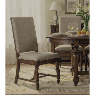 Sunvega Traditional Brown Wooden Dining Chairs with Beige Textured Fabric Upholstery