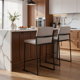 Sunvega Contemporary High Back Counter Stool with Padded Seat and Backrest in Black Steel and Grey Fabric - Set of 2