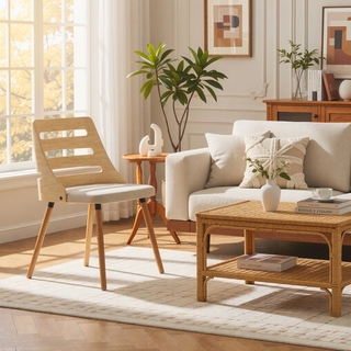 Sunvega Mid-Century Modern Dining Chair with Cream Fabric and Natural Wood Backrest