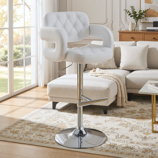 Sunvega Adjustable Bar Stool with Upholstered Seat and Pedestal Base in White Finish