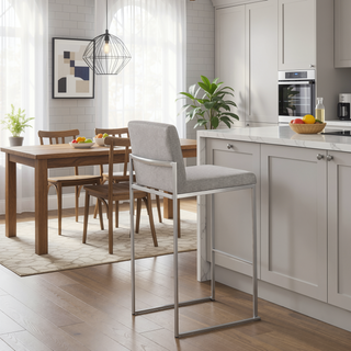Sunvega Contemporary High Back Barstool Set of 3 with Grey Fabric and Stainless Steel Frame