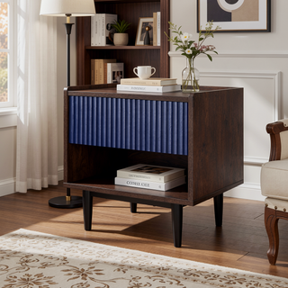 Sunvega Mid-Century Modern Navy Blue Nightstand with Ribbed Wood Grain Laminate