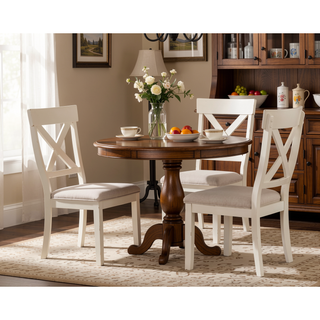 Sunvega Antique White Wood Cross Back Upholstered Dining Chairs with Light Tan Fabric