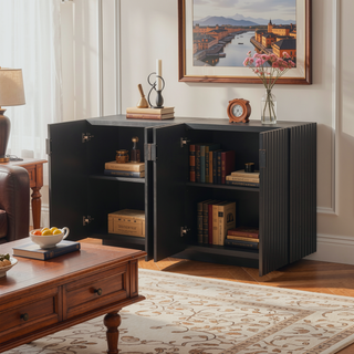Sunvega Antique Navy Buffet Cabinet with 4 Fluted Doors and Adjustable Shelves