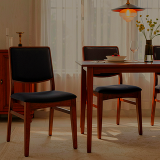 Sunvega Mid-Century Modern Walnut Finished Solid Wood Vegan Leather Upholstered Dining Chairs Set of 2