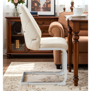 Sunvega White Faux Leather Dining Chairs Set of 2 with Gold Mesh Texture and Chrome Handle