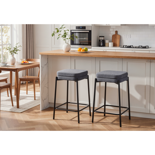 Sunvega Set of 2 Grey Fabric Barstools with Black Metal Legs for Counter Height