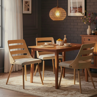 Sunvega Mid-Century Modern Dining Chair with Cream Fabric and Natural Wood Backrest
