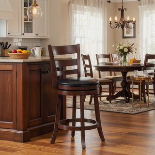 Sunvega Dark Cherry Finish Solid Wood Counter Height Chair with 360-Degree Swivel