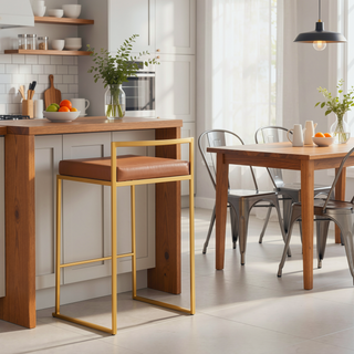 Sunvega Gold Metal Frame Counter Stools with Camel Faux Leather Cushions Set of 3