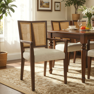 Sunvega Mid-Century Modern Cane Back Arm Dining Chairs with Upholstered Seat Set of 2
