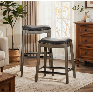 Sunvega Natural Finish Saddle Leather Seat Counter Stool with Footrest and Nail Head Trim