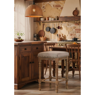 Sunvega Traditional Weathered Oak Finish Counter Height Stools with Beige Fabric Seating