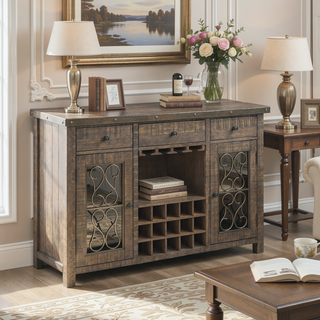 Sunvega Weathered Cherry Finish Bench with PU Leather Cushion and 16" Floor Clearance
