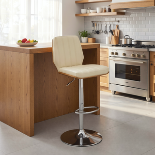 Sunvega Adjustable Swivel Cream Faux Leather Bar Stool with Walnut Back