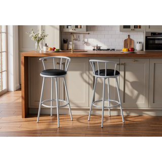 Sunvega Set of 2 Contemporary Barstools with Swivel Grey Metal and Black Leather Look