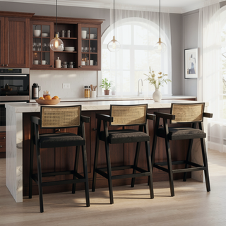 Sunvega Modern Ebony Black Boucle Resin Webbing Bar Stool Set with Arms