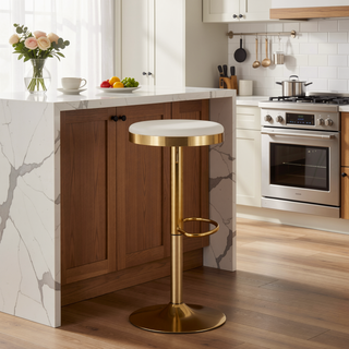 Sunvega Gold Steel Frame Cream Velvet Upholstered Adjustable Swivel Barstool Set