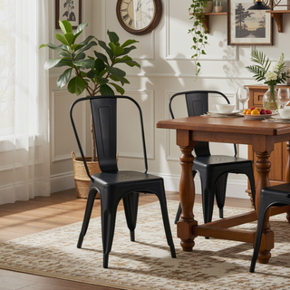 Sunvega Set of 4 Modern Matte Black Metal Dining Chairs with 18 Inch Seat Height