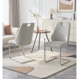 Sunvega White Faux Leather Dining Chairs Set of 2 with Gold Mesh Texture and Chrome Handle