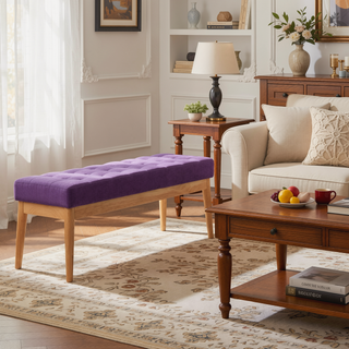 Sunvega Mid Century Modern Tufted Bench with Solid Birch Legs and Natural Finish