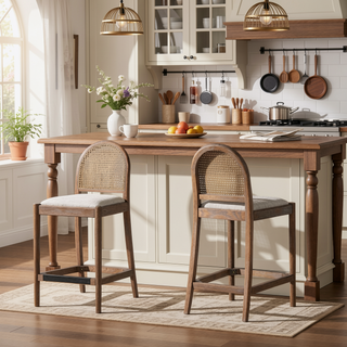 Sunvega Natural Oak and Cane Rattan Counter Stools with Black Boucle Upholstery