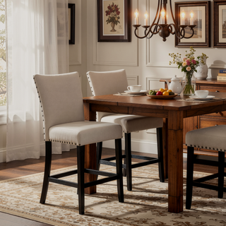 Sunvega Beige Counter Height Chair with Nailhead Trim and Padded Linen Seat