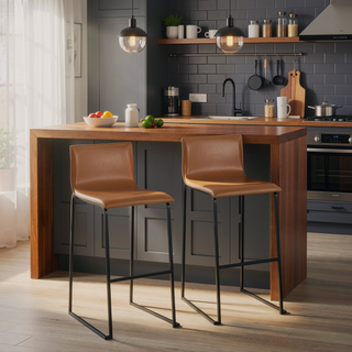 Sunvega Contemporary Black and Camel Faux Leather Barstool Set with Metal Base and Footrest