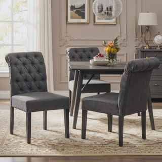 Sunvega Dark Grey Roll Top Button Tufted Dining Chairs Set of 2