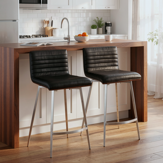 Sunvega Mason Contemporary Swivel Counter Stool with Walnut Wood Back and Tufted Faux Leather Seat