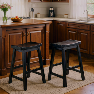 Sunvega Black Finish Bar Height Solid Wood Saddle Seat Stools Set of 2