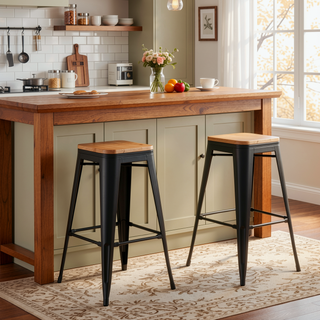 Sunvega Oregon Contemporary Bar Stool in Black Steel and Natural Wood Set of 2