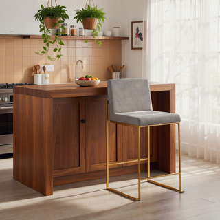Sunvega Contemporary High Back Counter Stool Set of 3 in Gold Steel Grey Fabric