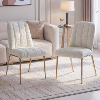 Sunvega Set of 2 White Boucle Dining Chairs with Bronze Metal Tapered Legs