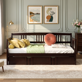 Sunvega Full Size Daybed with Twin Trundle Solid Wood Frame for Living Room