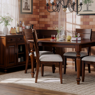Sunvega Brown Finish Tray Back Upholstered Seat Side Dining Chairs Set of Two