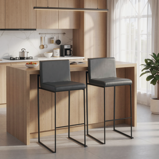 Sunvega Fuji Contemporary High Back Barstool Set of 2 in Black Steel and Grey Faux Leather