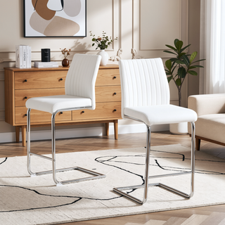 Sunvega Modern White PU Leather Bar Chair Set of 2 with Chrome Metal Pipe